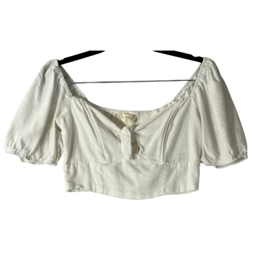 Altard State White Cropped Tie Front Puff Sleeve Smocked Back Top Size S